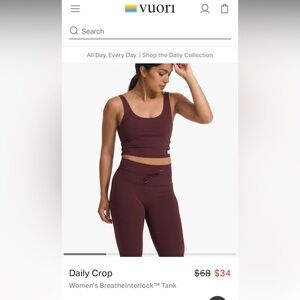 Vuori daily crop tank top with built in bra, color ruby,  size large